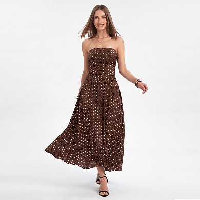 Women's Polka Dot Strapless Maxi Dress with Ruched Bodice and Full Skirt