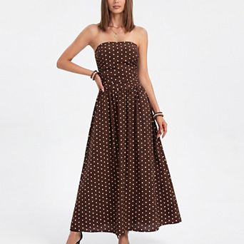 Women's Polka Dot Strapless Maxi Dress with Ruched Bodice and Full Skirt