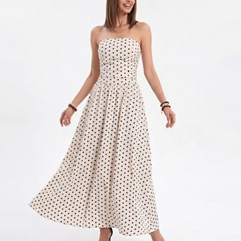 Women's Polka Dot Strapless Maxi Dress with Ruched Bodice and Full Skirt