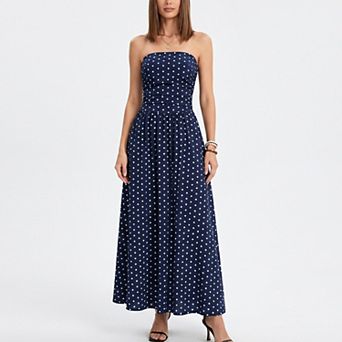 Women's Polka Dot Strapless Maxi Dress with Ruched Bodice and Full Skirt