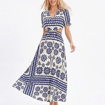 Women's Cutout Maxi Dress with Short Sleeves and Tie Waist Detail