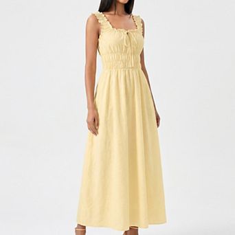 Women's Smocked Maxi Dress with Ruffle Straps and Tie Front Neckline