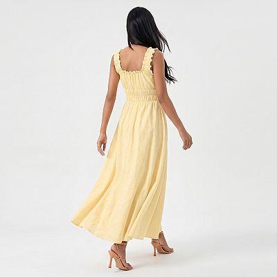 ruffle front tie maxi dress in yellow Lemon Polka Dot Ruffle Tie Front Maxi Dress