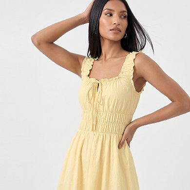 Women's Smocked Maxi Dress with Ruffle Straps and Tie Front Neckline
