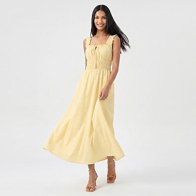 Women's Smocked Maxi Dress with Ruffle Straps and Tie Front Neckline