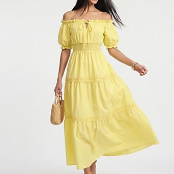 Women's Off Shoulder Maxi Dress with Smocked Waist and Tiered Skirt