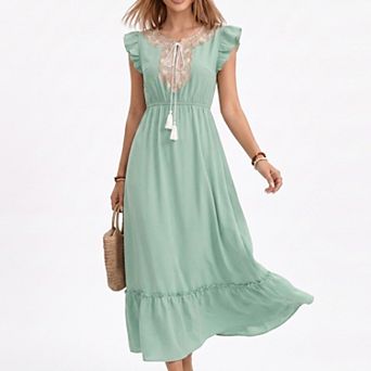 Women's Ruffle Sleeve Maxi Dress with Tie Neck and Embroidered Trim