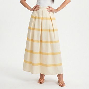 Women's Striped Maxi Skirt with Pleated Waist and A Line Silhouette