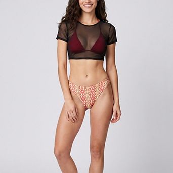 Women's 3 pc Bikini Set with Mesh Crop Top and Printed Bottom