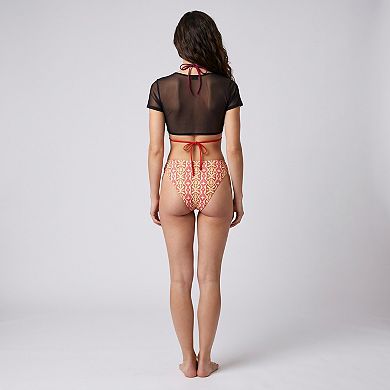 Women's 3 Piece Bikini Set with Mesh Crop Top and Printed Bottom