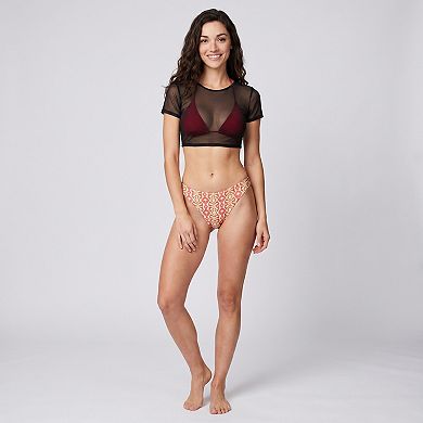 Women's 3 Piece Bikini Set with Mesh Crop Top and Printed Bottom