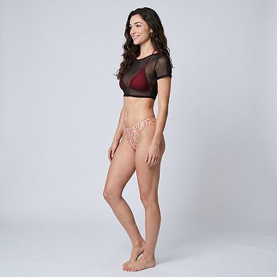 Women's 3 Piece Bikini Set with Mesh Crop Top and Printed Bottom