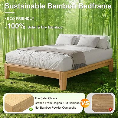 CEWOR 100% Solid Bamboo Wood Bed Frame with Wood Slat Support, Tool Free Installation