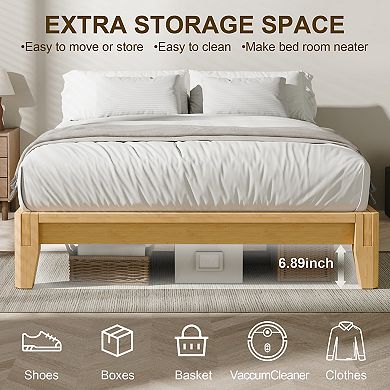 CEWOR 100% Solid Bamboo Wood Bed Frame with Wood Slat Support, Tool Free Installation