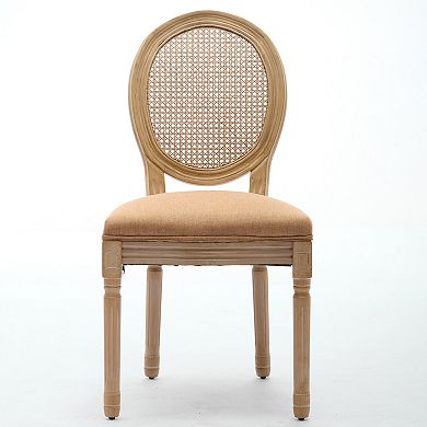 CEWOR French Solid Wood Dining Chair 2-Piece Set, Fabric, Rotundity Rattan Backrest
