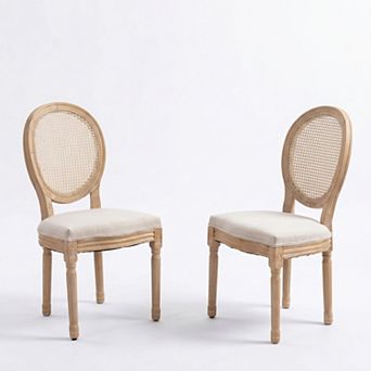 CEWOR French Solid Wood Dining Chair 2 pc Set, Fabric, Rotundity Rattan Backrest