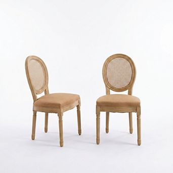 CEWOR French Solid Wood Dining Chair 2 pc Set, Fabric, Rotundity Rattan Backrest