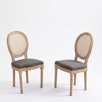 CEWOR French Solid Wood Dining Chair 2 pc Set, Fabric, Rotundity Rattan Backrest