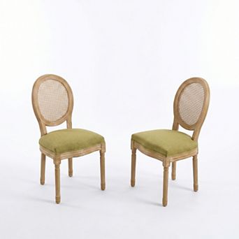 CEWOR French Solid Wood Dining Chair 2 pc Set, Fabric, Rotundity Rattan Backrest