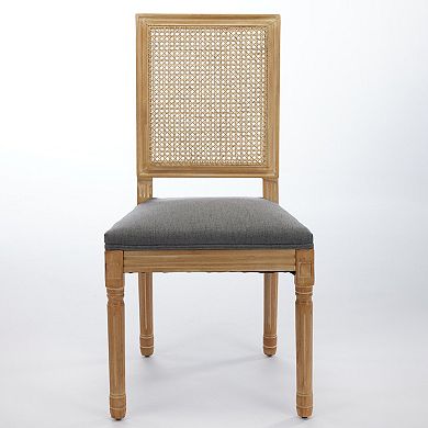 CEWOR French Solid Wood Dining Chair 2-Piece Set, Fabric, Square Rattan Backrest