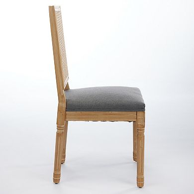 CEWOR French Solid Wood Dining Chair 2-Piece Set, Fabric, Square Rattan Backrest