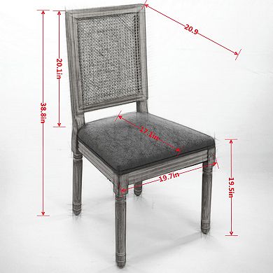 CEWOR French Solid Wood Dining Chair 2-Piece Set, Fabric, Square Rattan Backrest