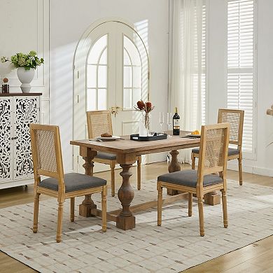 CEWOR French Solid Wood Dining Chair 2-Piece Set, Fabric, Square Rattan Backrest
