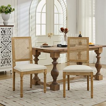 CEWOR French Solid Wood Dining Chair 2 pc Set, Fabric, Square Rattan Backrest