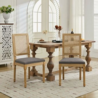 CEWOR French Solid Wood Dining Chair 2 pc Set, Fabric, Square Rattan Backrest