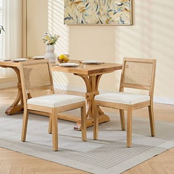 CEWOR French Solid Wood Dining Chair 2 pc Set, Linen, Square Rattan Backrest