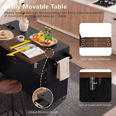 Loheer Extendable Kitchen Island Cart with Trash Cabinet and Spice Rack Mobile on Locking Wheels