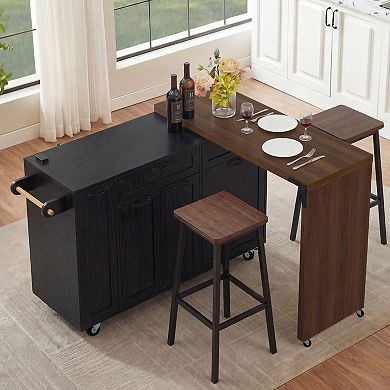 Loheer Extendable Kitchen Island Cart with Trash Cabinet and Spice Rack Mobile on Locking Wheels