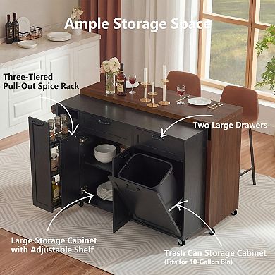 Loheer Extendable Kitchen Island Cart with Trash Cabinet and Spice Rack Mobile on Locking Wheels