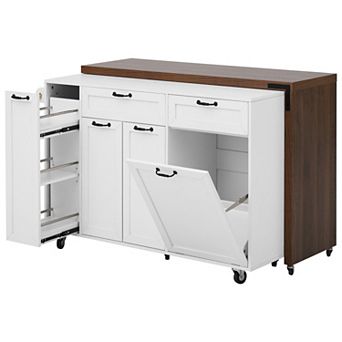 Loheer Extendable Kitchen Island Cart with Trash Cabinet and Spice Rack Mobile on Locking Wheels