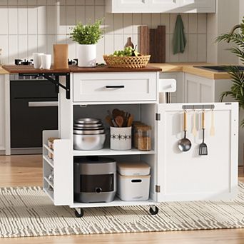 Loheer Farmhouse Drop Leaf Kitchen Island Cart with Drawer, Storage Cabinet, and Wheels