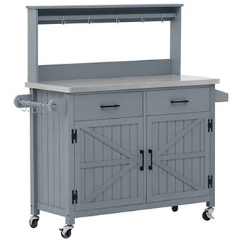 Loheer Outdoor Kitchen Island Wood Grill Cart with Stainless Steel Top, Potting Bench & Storage