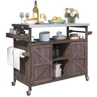 Loheer Farmhouse Outdoor Kitchen Island Rolling BBQ Prep Cart with Stainless Steel Top
