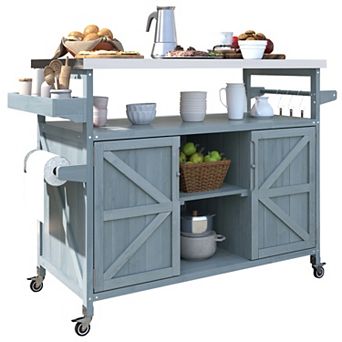 Loheer Farmhouse Outdoor Kitchen Island Rolling BBQ Prep Cart with Stainless Steel Top