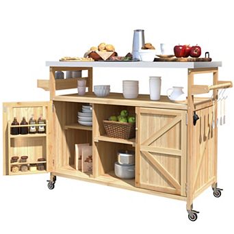 Loheer Farmhouse Outdoor Kitchen Island Rolling BBQ Prep Cart with Stainless Steel Top