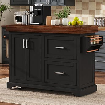 Loheer Large Rolling Kitchen Island Cart with Storage Drawers, Spice Rack, and Hidden Wheels