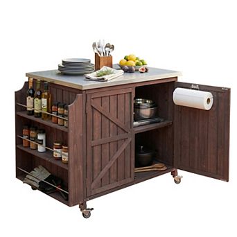 Loheer Mobile Outdoor Kitchen Island Grill Cart with Stainless Steel Top and Storage Cabinet