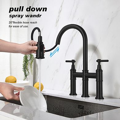 Loheer Spot Resistant Bridge Kitchen Faucet with Pull Down Sprayhead