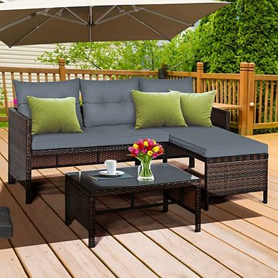 3 Piece Outdoor Sectional Sofa Set - L Shaped Patio Furniture & Wicker Conversation Set with Table