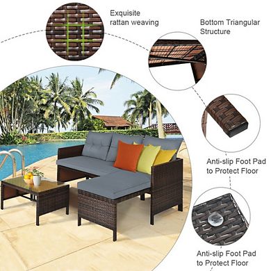 3 Piece Outdoor Sectional Sofa Set - L Shaped Patio Furniture & Wicker Conversation Set with Table
