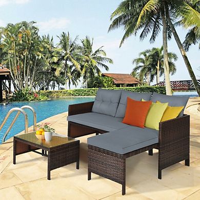 3 Piece Outdoor Sectional Sofa Set - L Shaped Patio Furniture & Wicker Conversation Set with Table