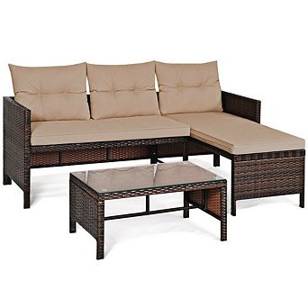 3 pc Outdoor Sectional Sofa Set - L Shaped Patio Furniture & Wicker Conversation Set with Table