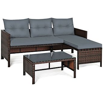 3 pc Outdoor Sectional Sofa Set - L Shaped Patio Furniture & Wicker Conversation Set with Table