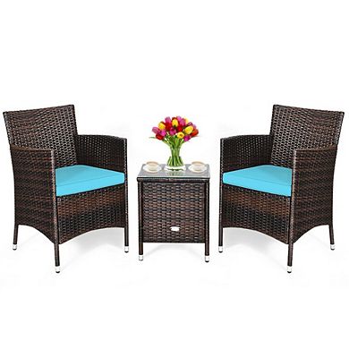 3 Piece Patio Conversation Set, 23.5 Inch Ergonomic Rattan Chairs & Table for Balcony