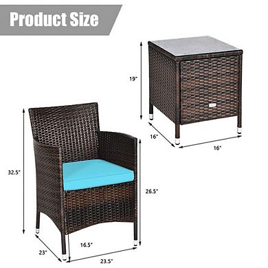 3 Piece Patio Conversation Set, 23.5 Inch Ergonomic Rattan Chairs & Table for Balcony