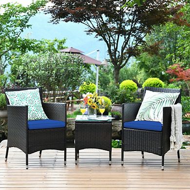 3 Piece Patio Conversation Set, 23.5 Inch Ergonomic Rattan Chairs & Table for Balcony